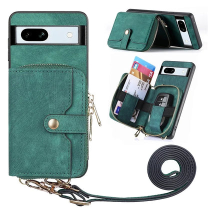 D3 for Google Pixel 7a Phone Case with Shoulder Strap Zipper Wallet Leather+PC+TPU Cover
