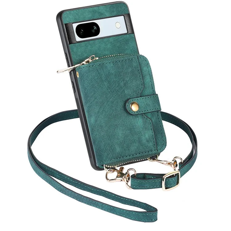 D3 for Google Pixel 7a Phone Case with Shoulder Strap Zipper Wallet Leather+PC+TPU Cover