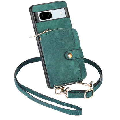 D3 for Google Pixel 7a Phone Case with Shoulder Strap Zipper Wallet Leather+PC+TPU Cover