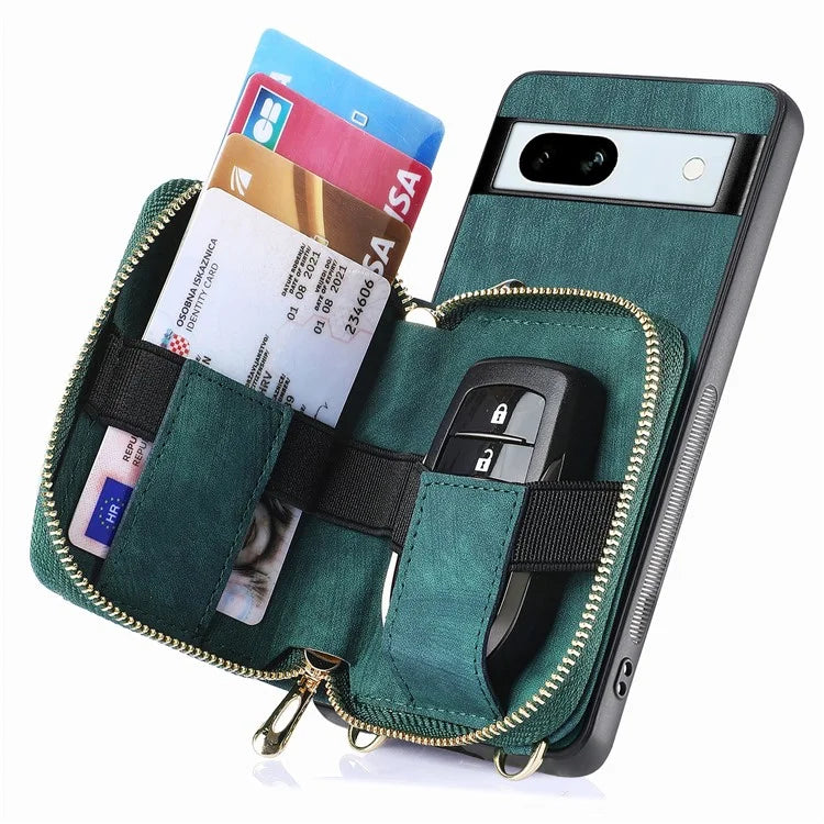 D3 for Google Pixel 7a Phone Case with Shoulder Strap Zipper Wallet Leather+PC+TPU Cover