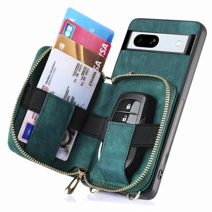 D3 for Google Pixel 7a Phone Case with Shoulder Strap Zipper Wallet Leather+PC+TPU Cover