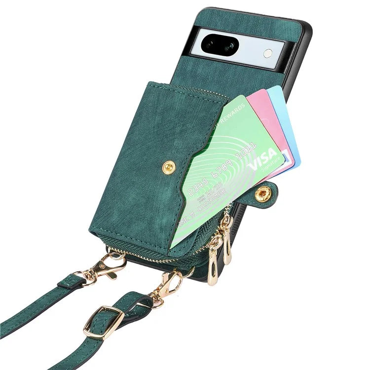 D3 for Google Pixel 7a Phone Case with Shoulder Strap Zipper Wallet Leather+PC+TPU Cover