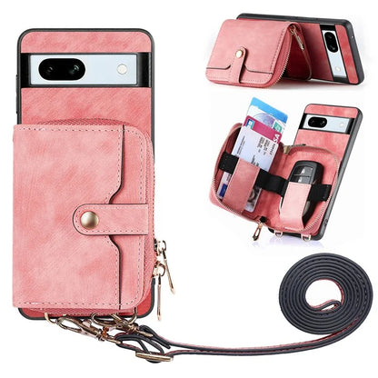 D3 for Google Pixel 7a Phone Case with Shoulder Strap Zipper Wallet Leather+PC+TPU Cover