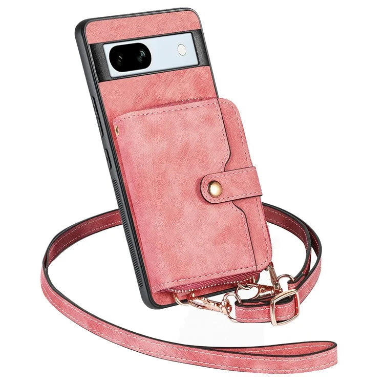 D3 for Google Pixel 7a Phone Case with Shoulder Strap Zipper Wallet Leather+PC+TPU Cover