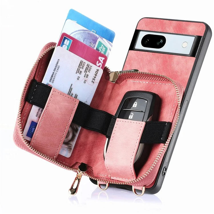 D3 for Google Pixel 7a Phone Case with Shoulder Strap Zipper Wallet Leather+PC+TPU Cover