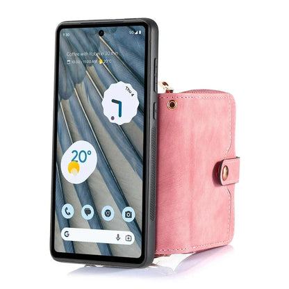D3 for Google Pixel 7a Phone Case with Shoulder Strap Zipper Wallet Leather+PC+TPU Cover