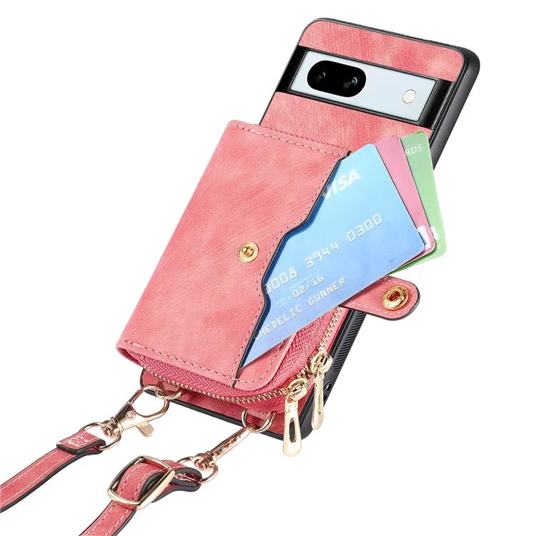 D3 for Google Pixel 7a Phone Case with Shoulder Strap Zipper Wallet Leather+PC+TPU Cover
