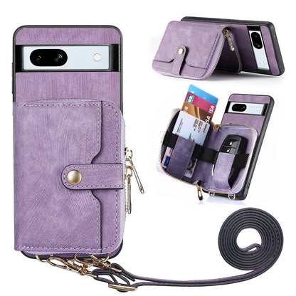 D3 for Google Pixel 7a Phone Case with Shoulder Strap Zipper Wallet Leather+PC+TPU Cover