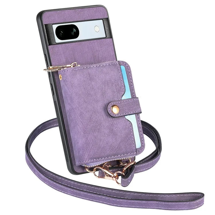 D3 for Google Pixel 7a Phone Case with Shoulder Strap Zipper Wallet Leather+PC+TPU Cover