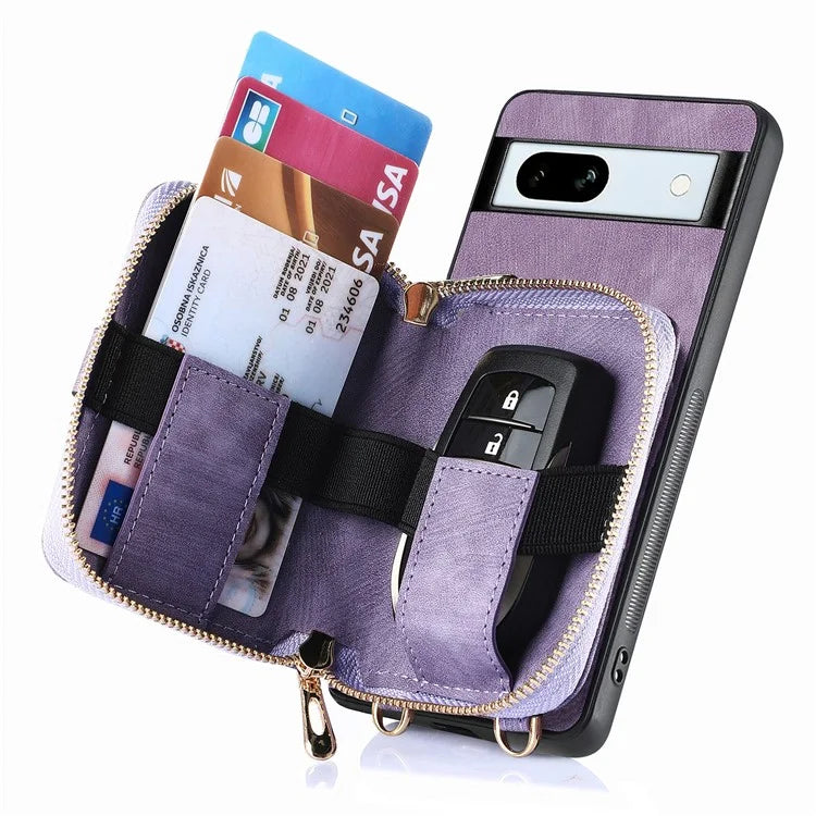 D3 for Google Pixel 7a Phone Case with Shoulder Strap Zipper Wallet Leather+PC+TPU Cover