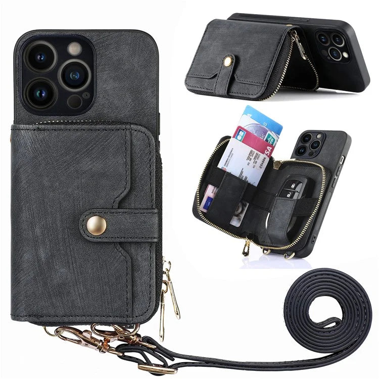 D3 For iPhone 13 Pro Max Case Zipper Wallet PU+TPU+PC Cover with Strap