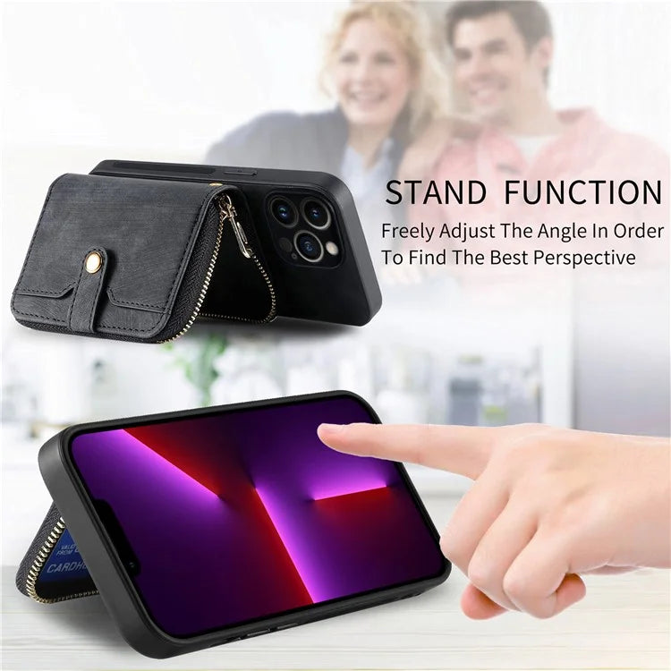 D3 For iPhone 13 Pro Max Case Zipper Wallet PU+TPU+PC Cover with Strap