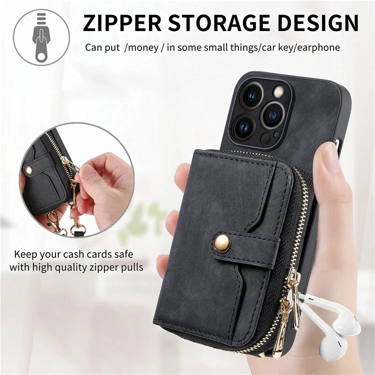 D3 For iPhone 13 Pro Max Case Zipper Wallet PU+TPU+PC Cover with Strap