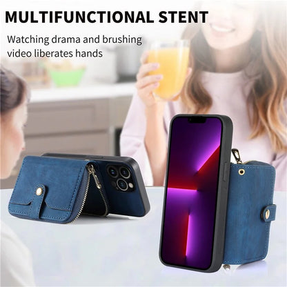 D3 For iPhone 13 Pro Max Case Zipper Wallet PU+TPU+PC Cover with Strap