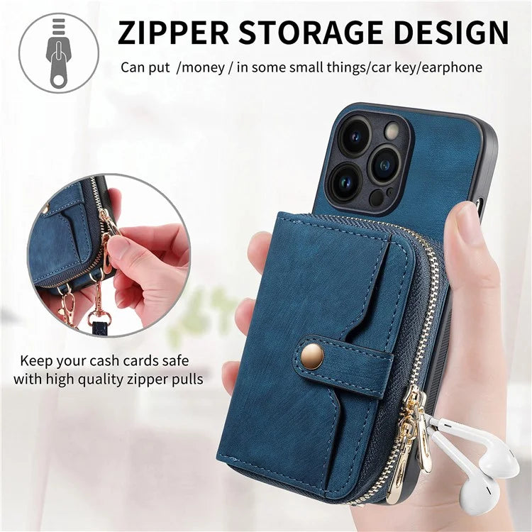 D3 For iPhone 13 Pro Max Case Zipper Wallet PU+TPU+PC Cover with Strap