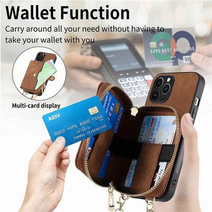 D3 For iPhone 13 Pro Max Case Zipper Wallet PU+TPU+PC Cover with Strap