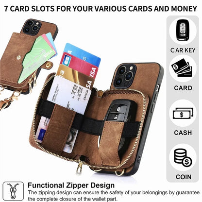 D3 For iPhone 13 Pro Max Case Zipper Wallet PU+TPU+PC Cover with Strap