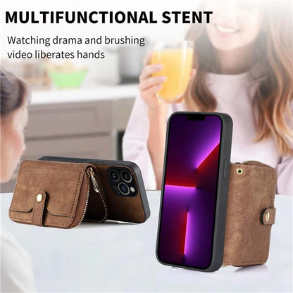 D3 For iPhone 13 Pro Max Case Zipper Wallet PU+TPU+PC Cover with Strap