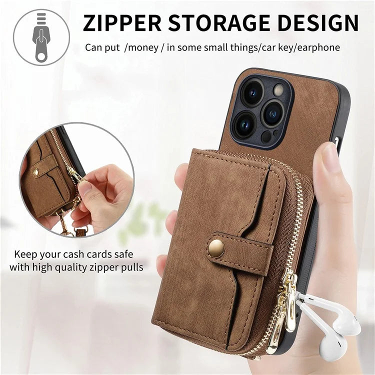 D3 For iPhone 13 Pro Max Case Zipper Wallet PU+TPU+PC Cover with Strap