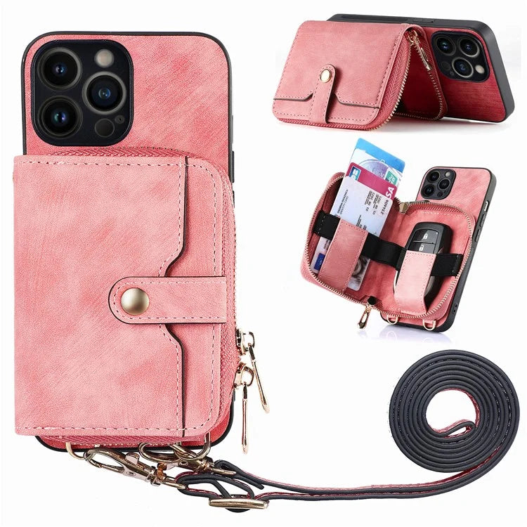 D3 For iPhone 13 Pro Max Case Zipper Wallet PU+TPU+PC Cover with Strap