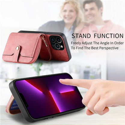 D3 For iPhone 13 Pro Max Case Zipper Wallet PU+TPU+PC Cover with Strap