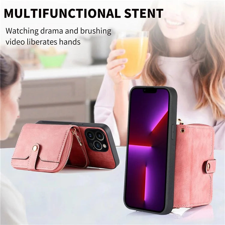 D3 For iPhone 13 Pro Max Case Zipper Wallet PU+TPU+PC Cover with Strap