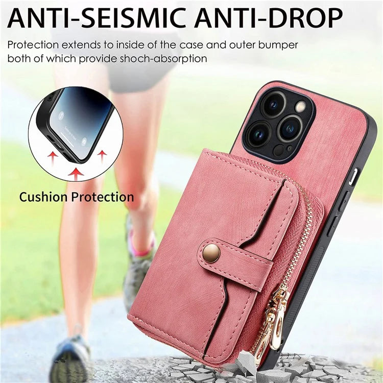 D3 For iPhone 13 Pro Max Case Zipper Wallet PU+TPU+PC Cover with Strap