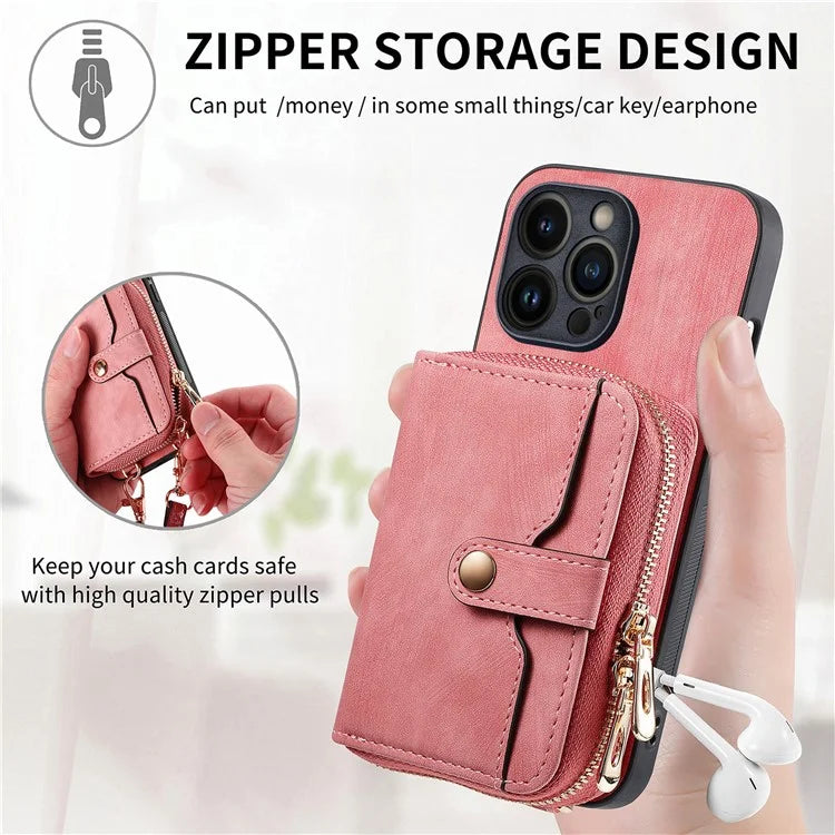 D3 For iPhone 13 Pro Max Case Zipper Wallet PU+TPU+PC Cover with Strap
