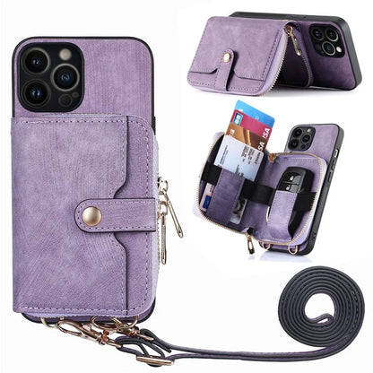 D3 For iPhone 13 Pro Max Case Zipper Wallet PU+TPU+PC Cover with Strap