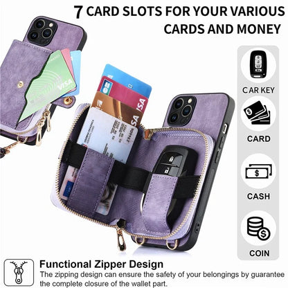 D3 For iPhone 13 Pro Max Case Zipper Wallet PU+TPU+PC Cover with Strap