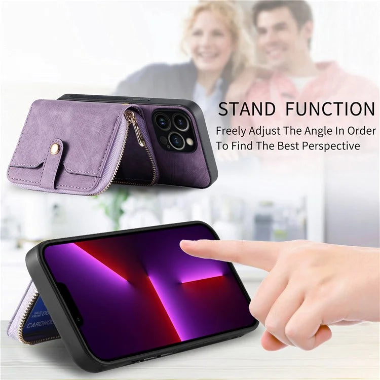 D3 For iPhone 13 Pro Max Case Zipper Wallet PU+TPU+PC Cover with Strap
