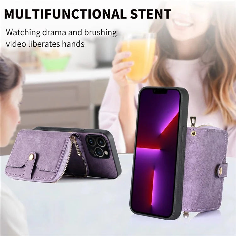 D3 For iPhone 13 Pro Max Case Zipper Wallet PU+TPU+PC Cover with Strap