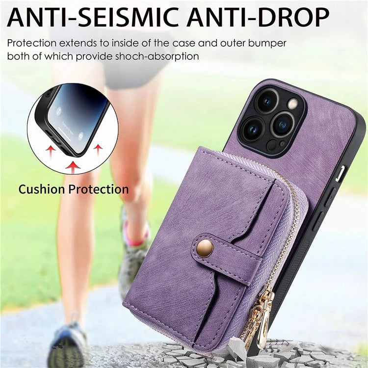 D3 For iPhone 13 Pro Max Case Zipper Wallet PU+TPU+PC Cover with Strap