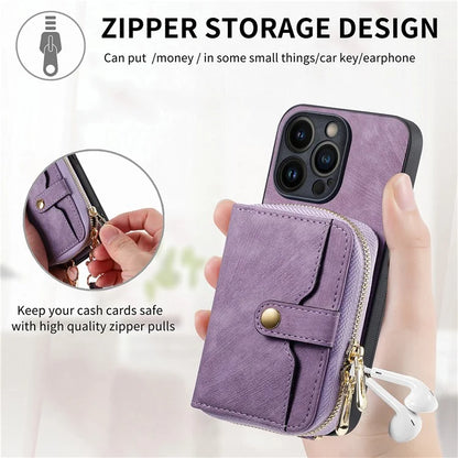 D3 For iPhone 13 Pro Max Case Zipper Wallet PU+TPU+PC Cover with Strap