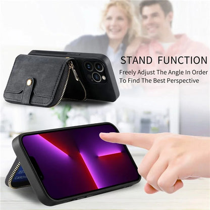 D3 for iPhone 13 Pro Case Zipper Pocket Leather Coated PC+TPU Kickstand Cover with Lanyard