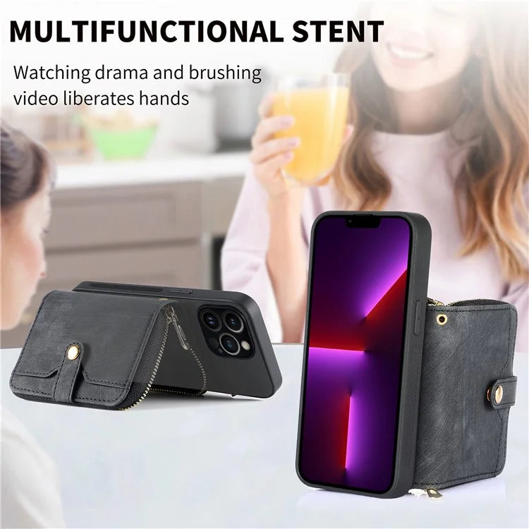 D3 for iPhone 13 Pro Case Zipper Pocket Leather Coated PC+TPU Kickstand Cover with Lanyard