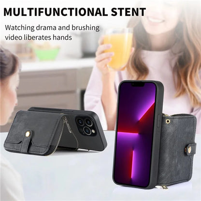 D3 for iPhone 13 Pro Case Zipper Pocket Leather Coated PC+TPU Kickstand Cover with Lanyard