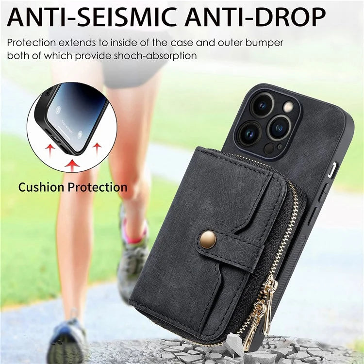 D3 for iPhone 13 Pro Case Zipper Pocket Leather Coated PC+TPU Kickstand Cover with Lanyard