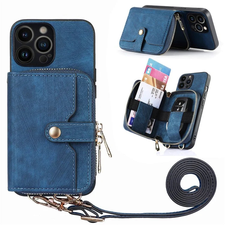 D3 for iPhone 13 Pro Case Zipper Pocket Leather Coated PC+TPU Kickstand Cover with Lanyard