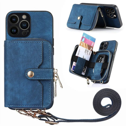 D3 for iPhone 13 Pro Case Zipper Pocket Leather Coated PC+TPU Kickstand Cover with Lanyard