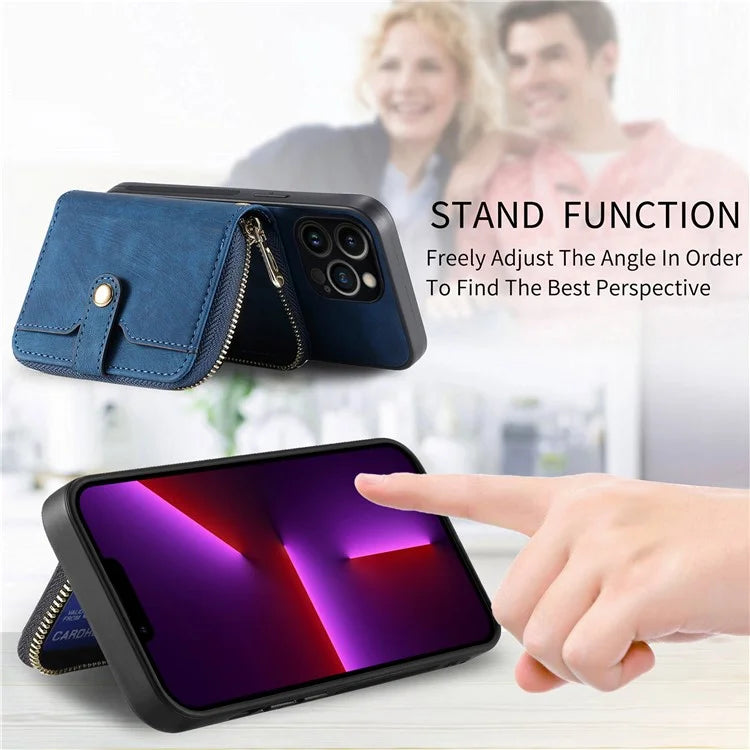 D3 for iPhone 13 Pro Case Zipper Pocket Leather Coated PC+TPU Kickstand Cover with Lanyard