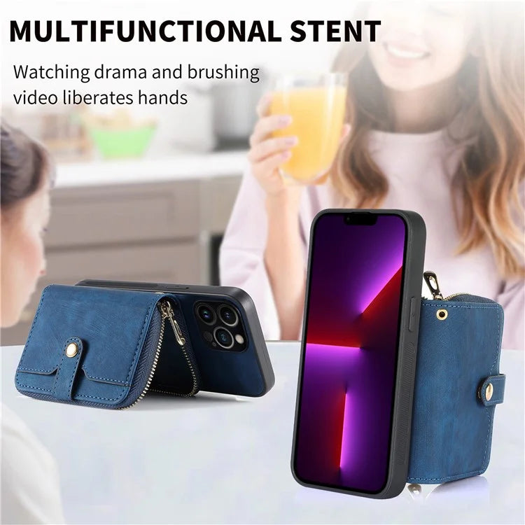 D3 for iPhone 13 Pro Case Zipper Pocket Leather Coated PC+TPU Kickstand Cover with Lanyard