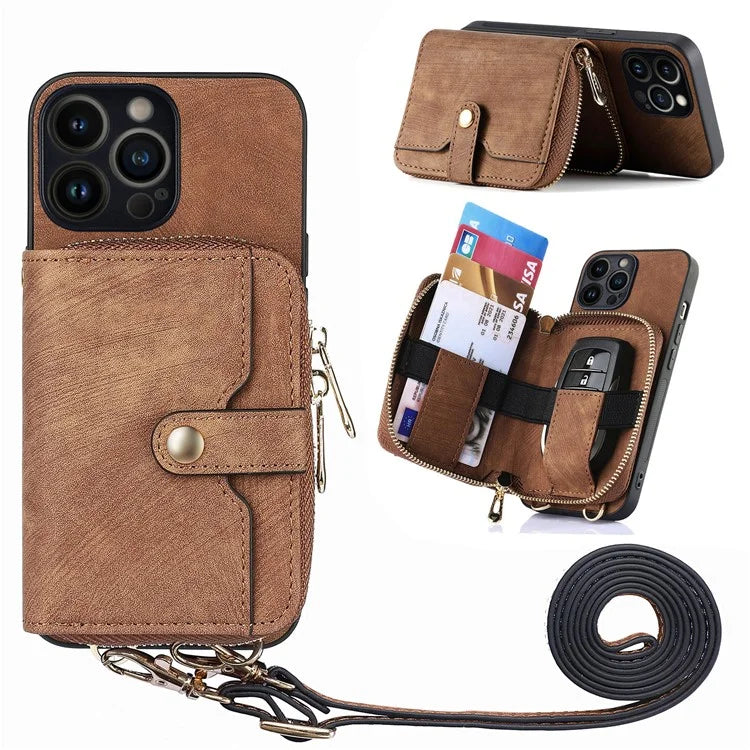 D3 for iPhone 13 Pro Case Zipper Pocket Leather Coated PC+TPU Kickstand Cover with Lanyard