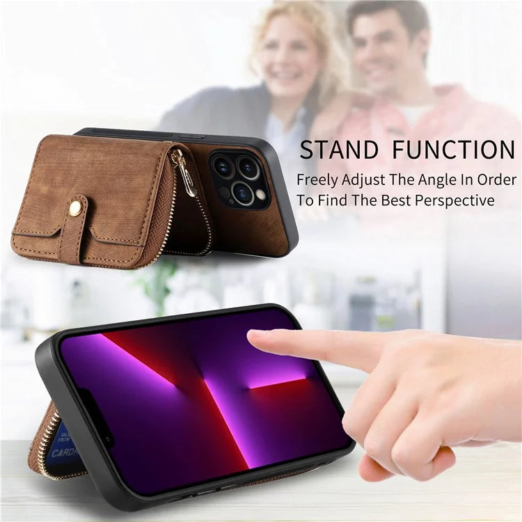 D3 for iPhone 13 Pro Case Zipper Pocket Leather Coated PC+TPU Kickstand Cover with Lanyard