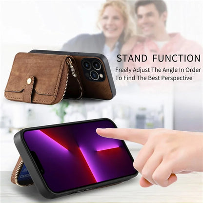 D3 for iPhone 13 Pro Case Zipper Pocket Leather Coated PC+TPU Kickstand Cover with Lanyard