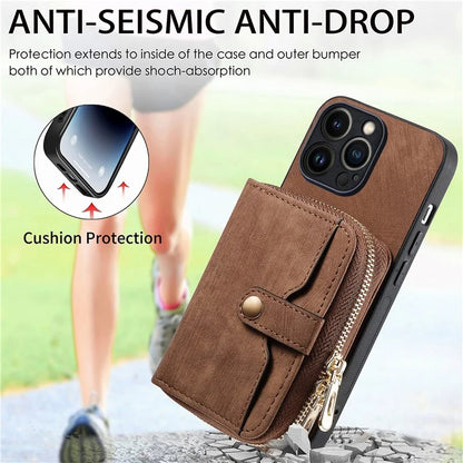 D3 for iPhone 13 Pro Case Zipper Pocket Leather Coated PC+TPU Kickstand Cover with Lanyard