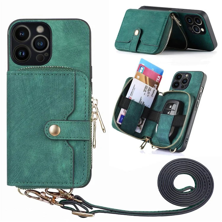 D3 for iPhone 13 Pro Case Zipper Pocket Leather Coated PC+TPU Kickstand Cover with Lanyard