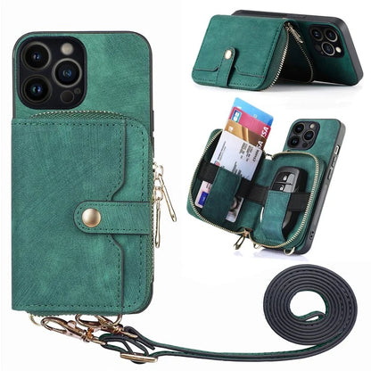 D3 for iPhone 13 Pro Case Zipper Pocket Leather Coated PC+TPU Kickstand Cover with Lanyard