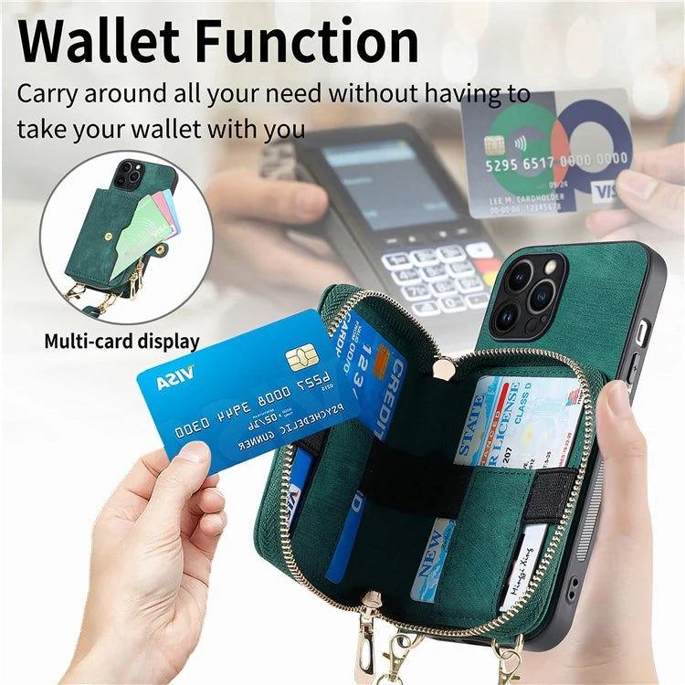 D3 for iPhone 13 Pro Case Zipper Pocket Leather Coated PC+TPU Kickstand Cover with Lanyard