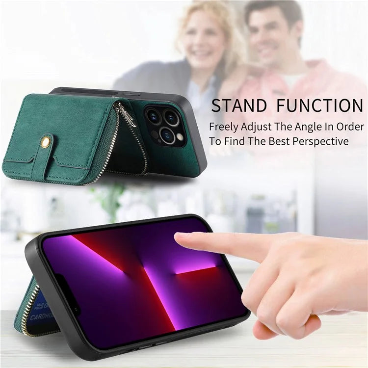 D3 for iPhone 13 Pro Case Zipper Pocket Leather Coated PC+TPU Kickstand Cover with Lanyard